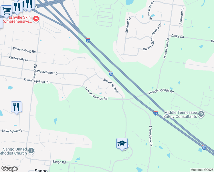 map of restaurants, bars, coffee shops, grocery stores, and more near 598 Mountain View Drive in Clarksville