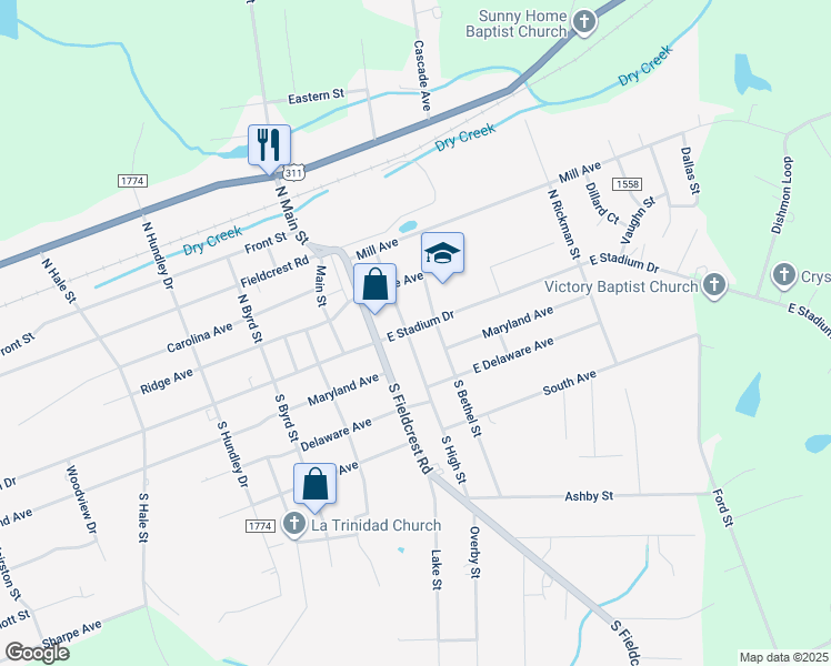map of restaurants, bars, coffee shops, grocery stores, and more near 1611 East Stadium Drive in Eden
