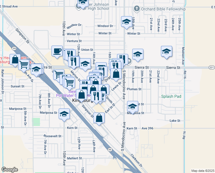 map of restaurants, bars, coffee shops, grocery stores, and more near 1490 Lincoln Street in Kingsburg