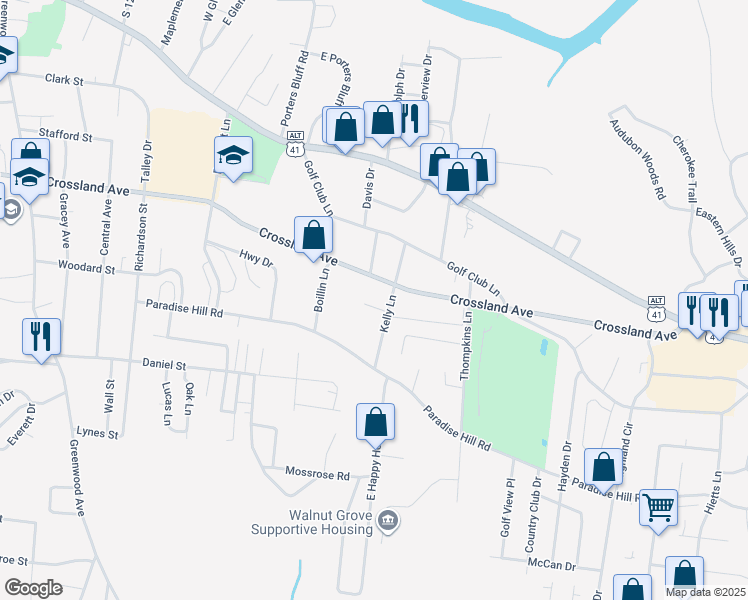 map of restaurants, bars, coffee shops, grocery stores, and more near 1267 Bagwell Drive in Clarksville