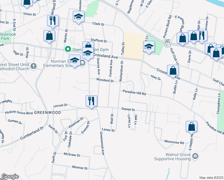 map of restaurants, bars, coffee shops, grocery stores, and more near 807 Central Avenue in Clarksville