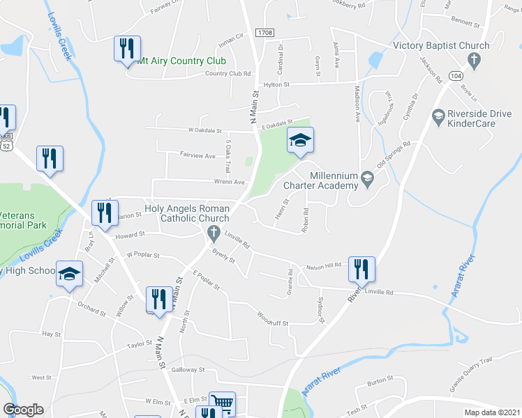 map of restaurants, bars, coffee shops, grocery stores, and more near 207 Robin Road in Mount Airy