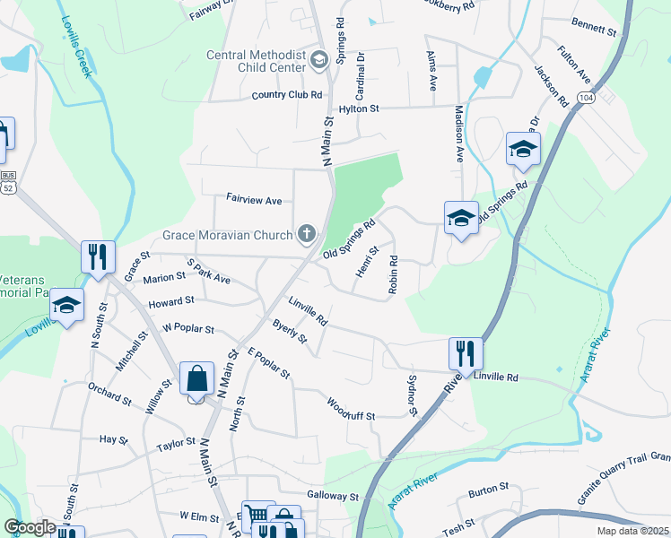 map of restaurants, bars, coffee shops, grocery stores, and more near 207 Robin Road in Mount Airy