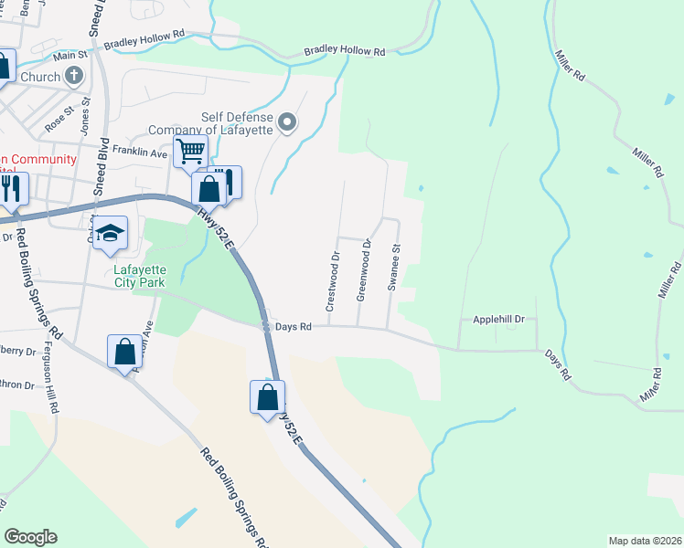 map of restaurants, bars, coffee shops, grocery stores, and more near 515 Crestwood Drive in Lafayette