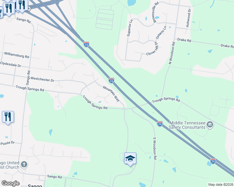 map of restaurants, bars, coffee shops, grocery stores, and more near 1365 Mountain Way in Clarksville