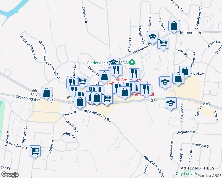 map of restaurants, bars, coffee shops, grocery stores, and more near 201 Uffelman Drive in Clarksville