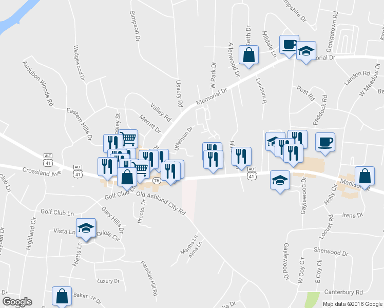 map of restaurants, bars, coffee shops, grocery stores, and more near 207 Uffelman Drive in Clarksville