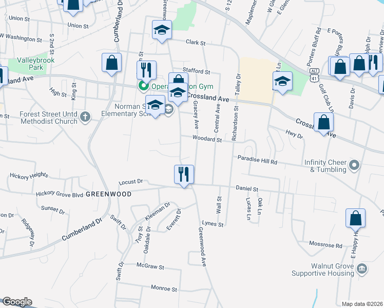 map of restaurants, bars, coffee shops, grocery stores, and more near 821 Greenwood Avenue in Clarksville