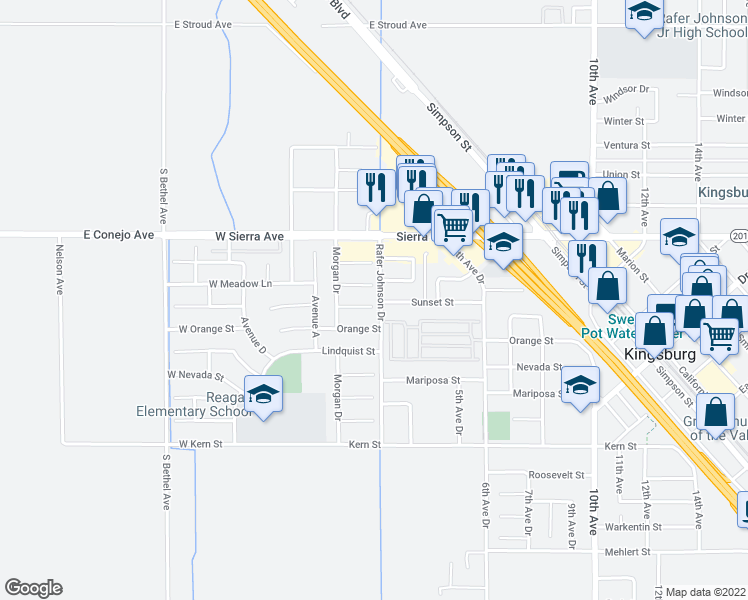 map of restaurants, bars, coffee shops, grocery stores, and more near 191 Sunset Street in Kingsburg