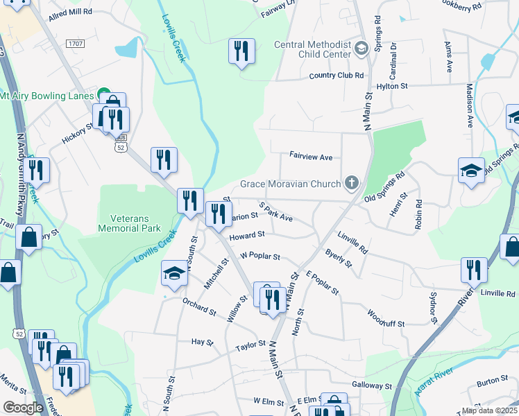 map of restaurants, bars, coffee shops, grocery stores, and more near 305 South Park Avenue in Mount Airy