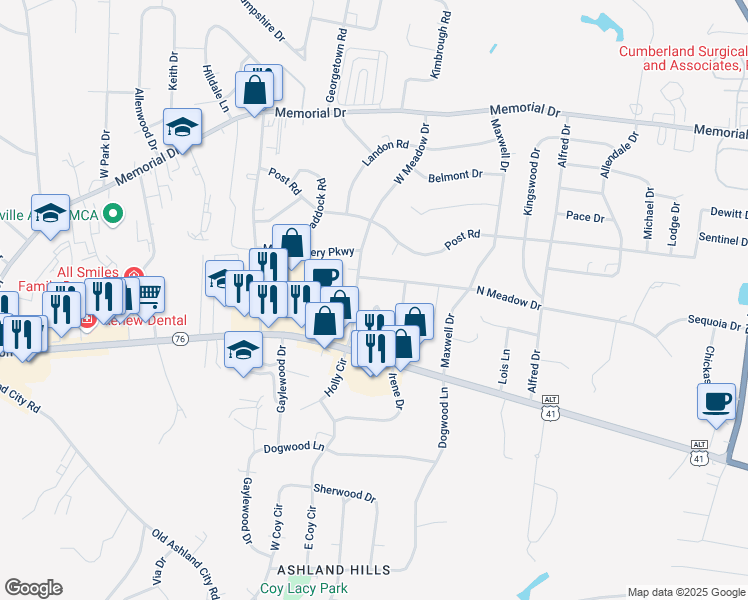map of restaurants, bars, coffee shops, grocery stores, and more near 118 West Meadow Drive in Clarksville