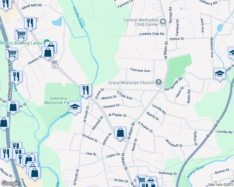 map of restaurants, bars, coffee shops, grocery stores, and more near 305 South Park Avenue in Mount Airy