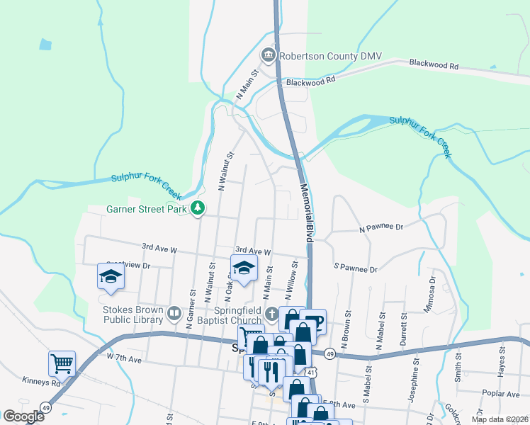 map of restaurants, bars, coffee shops, grocery stores, and more near 113 North Main Street in Springfield