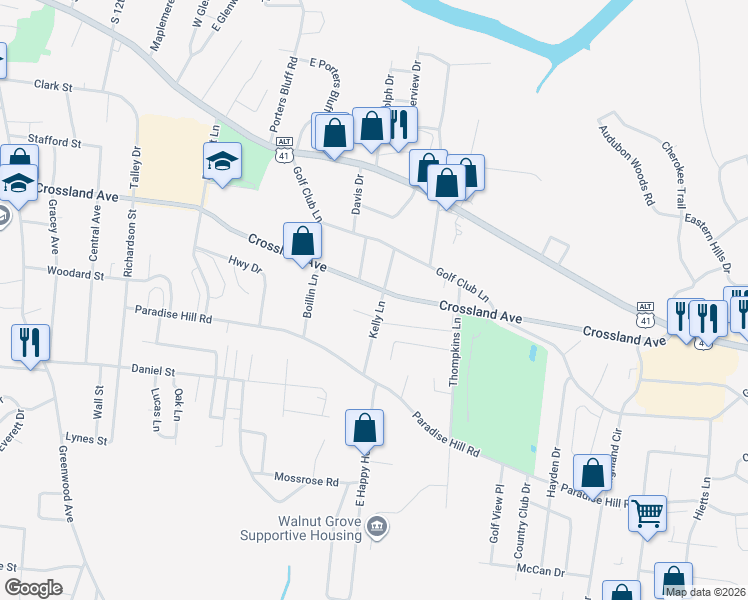 map of restaurants, bars, coffee shops, grocery stores, and more near 420 Kelly Lane in Clarksville