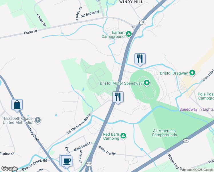 map of restaurants, bars, coffee shops, grocery stores, and more near 202 Raceday Center Drive in Bristol