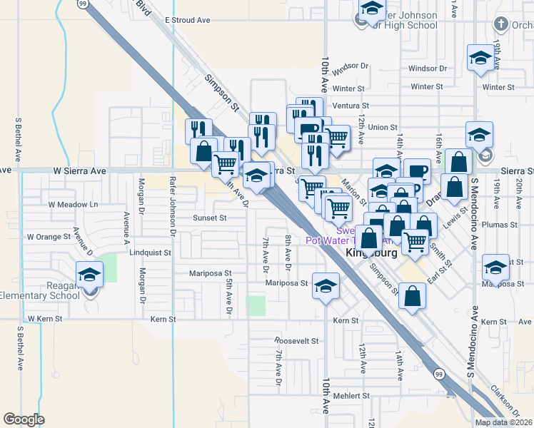 map of restaurants, bars, coffee shops, grocery stores, and more near 690 Quincy Street in Kingsburg