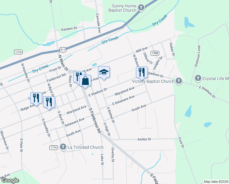 map of restaurants, bars, coffee shops, grocery stores, and more near 1714 East Stadium Drive in Eden