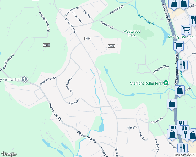 map of restaurants, bars, coffee shops, grocery stores, and more near 627 North Franklin Road in Mount Airy