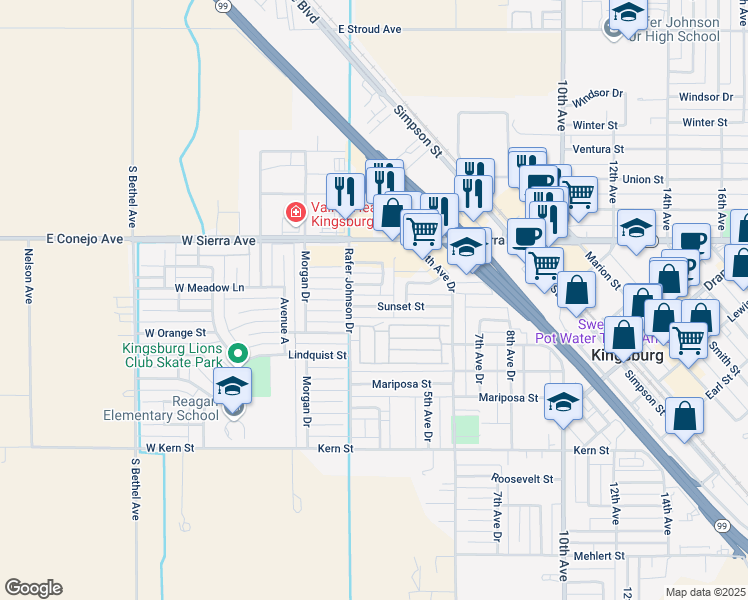 map of restaurants, bars, coffee shops, grocery stores, and more near 351 Sunset Street in Kingsburg