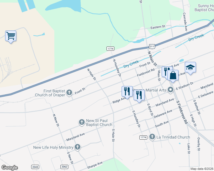 map of restaurants, bars, coffee shops, grocery stores, and more near 1211 Fieldcrest Road in Eden