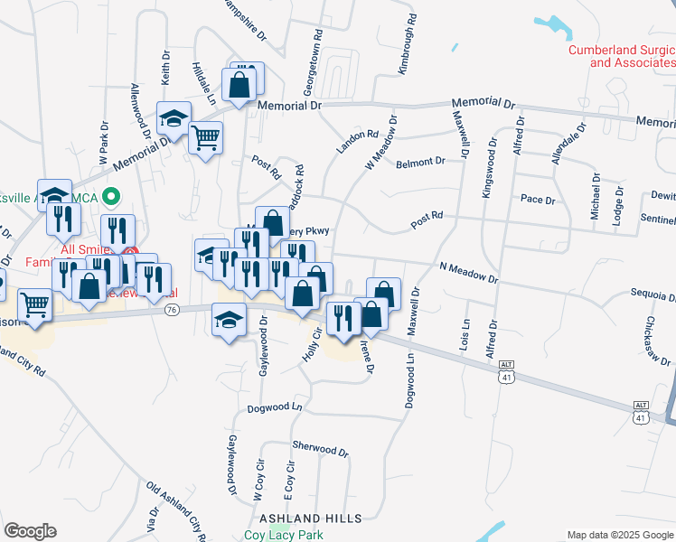 map of restaurants, bars, coffee shops, grocery stores, and more near 118 West Meadow Drive in Clarksville