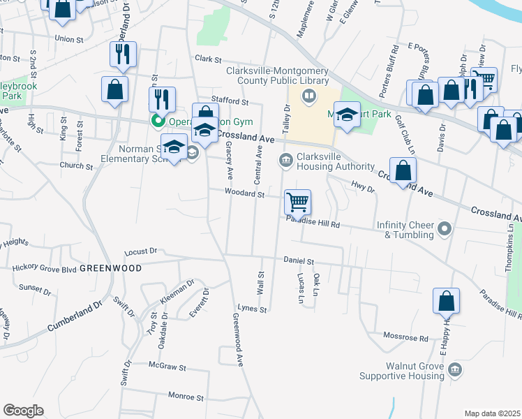 map of restaurants, bars, coffee shops, grocery stores, and more near 807 Central Avenue in Clarksville