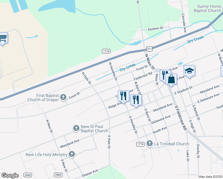 map of restaurants, bars, coffee shops, grocery stores, and more near 1224 Fieldcrest Road in Eden