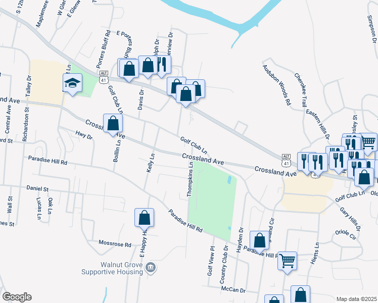 map of restaurants, bars, coffee shops, grocery stores, and more near 1491 Crossland Avenue in Clarksville