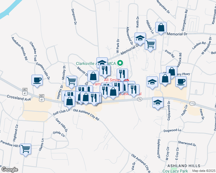 map of restaurants, bars, coffee shops, grocery stores, and more near 207 Uffelman Drive in Clarksville