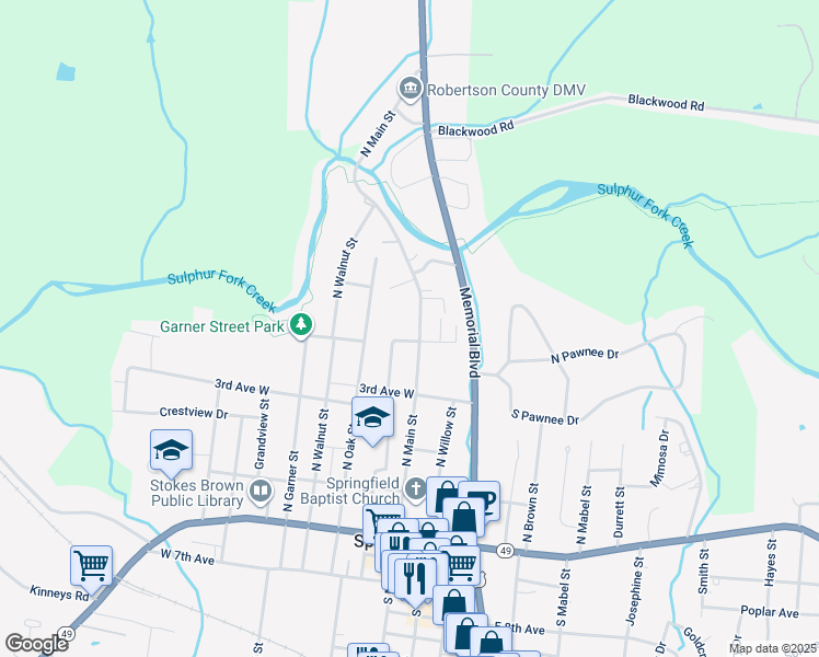 map of restaurants, bars, coffee shops, grocery stores, and more near 113 North Main Street in Springfield