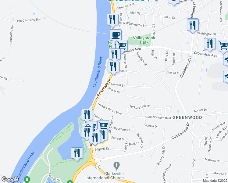 map of restaurants, bars, coffee shops, grocery stores, and more near 26 Barker Street in Clarksville