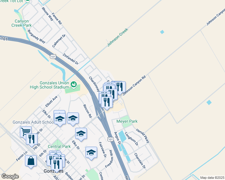 map of restaurants, bars, coffee shops, grocery stores, and more near 501 Chardonnay Drive in Gonzales