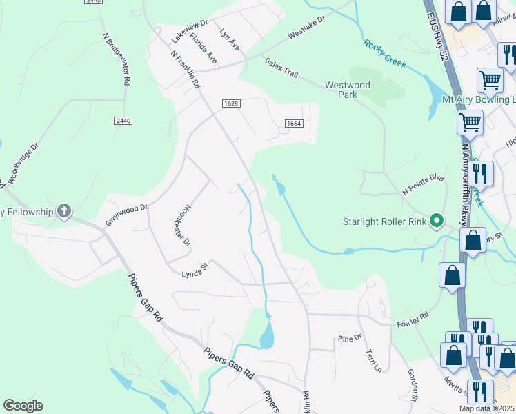 map of restaurants, bars, coffee shops, grocery stores, and more near 627 North Franklin Road in Mount Airy