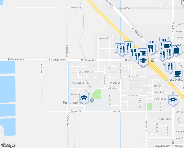 map of restaurants, bars, coffee shops, grocery stores, and more near 300 W Meadow Ln in Kingsburg