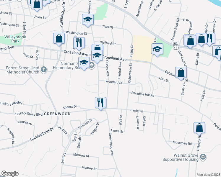 map of restaurants, bars, coffee shops, grocery stores, and more near 823 Gracey Ave in Clarksville