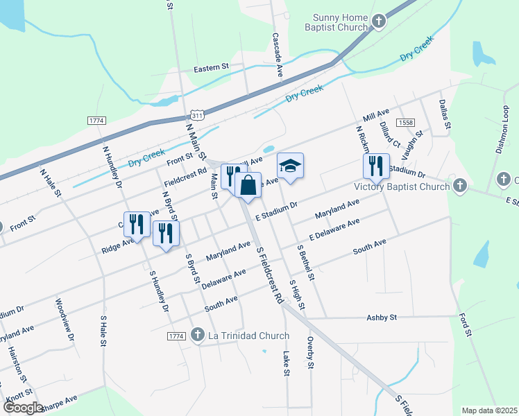 map of restaurants, bars, coffee shops, grocery stores, and more near 105 North High Street in Eden