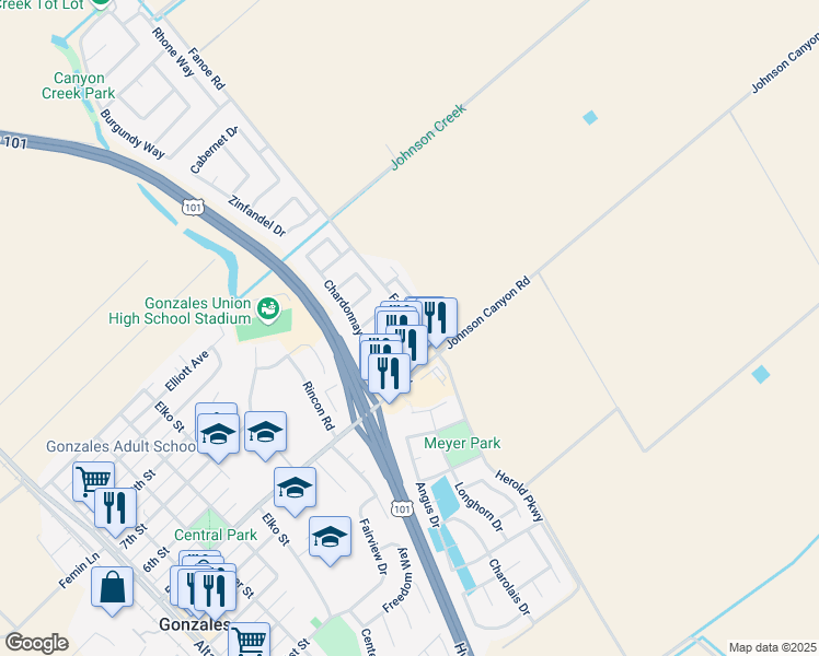 map of restaurants, bars, coffee shops, grocery stores, and more near 501 Chardonnay Drive in Gonzales