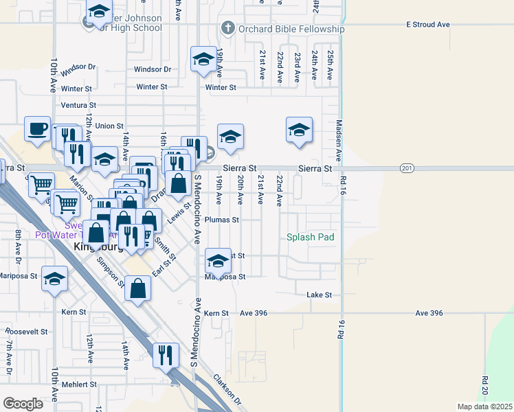 map of restaurants, bars, coffee shops, grocery stores, and more near 1701 21st Avenue in Kingsburg