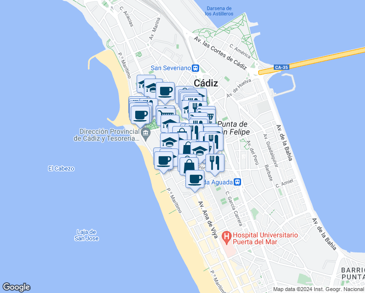 map of restaurants, bars, coffee shops, grocery stores, and more near 2 Calle Huerta del Obispo in Cádiz
