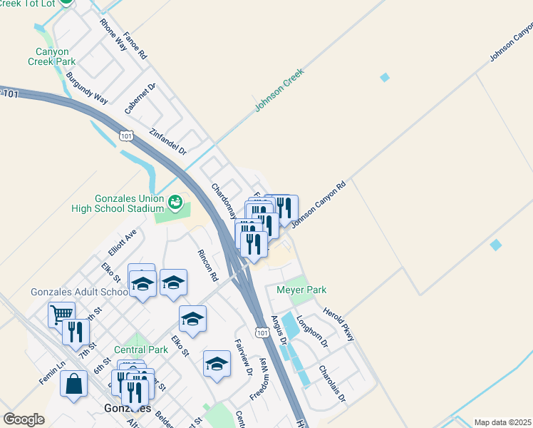 map of restaurants, bars, coffee shops, grocery stores, and more near 501 Chardonnay Drive in Gonzales