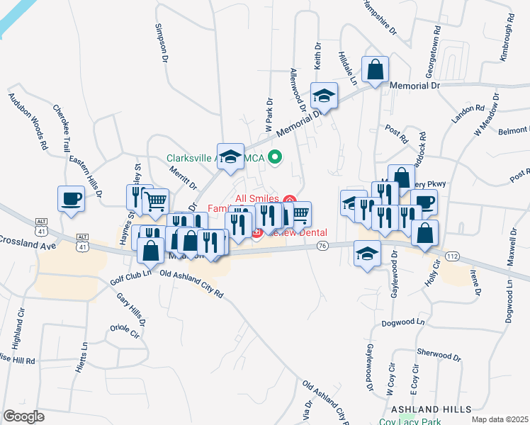 map of restaurants, bars, coffee shops, grocery stores, and more near 1825 Madison Street in Clarksville