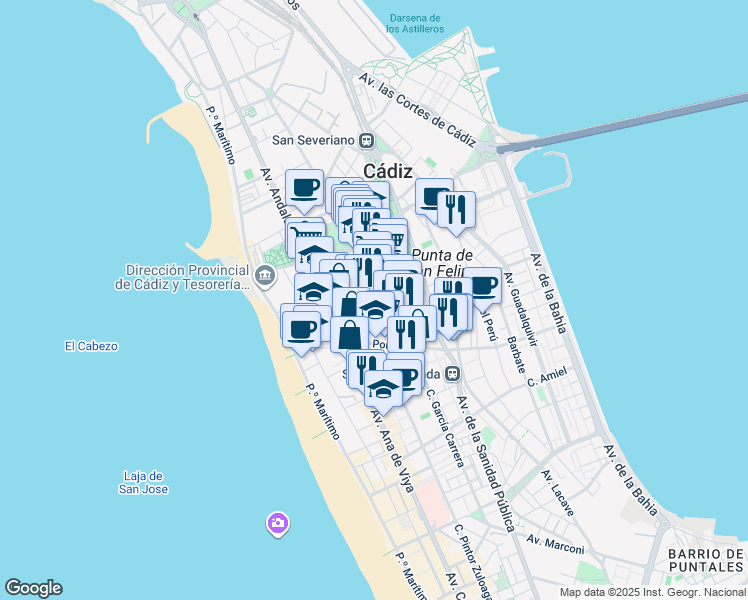map of restaurants, bars, coffee shops, grocery stores, and more near 14D Calle Parlamento in Cádiz