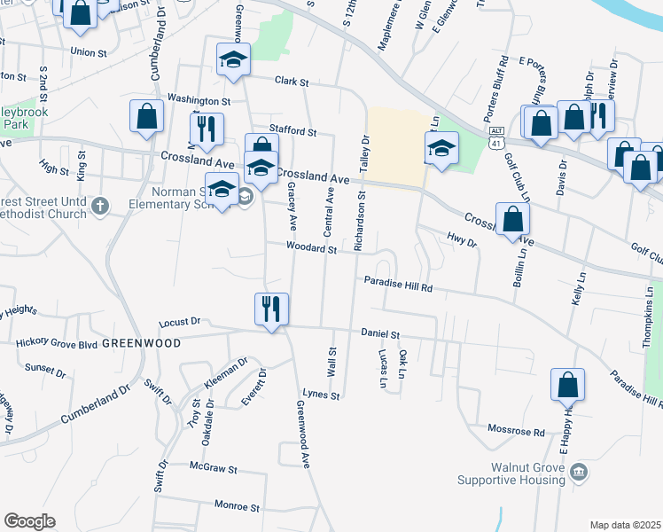 map of restaurants, bars, coffee shops, grocery stores, and more near 807 Central Avenue in Clarksville