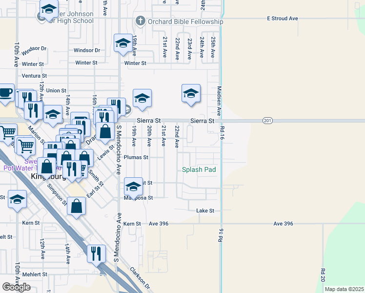map of restaurants, bars, coffee shops, grocery stores, and more near 1650 22nd Ave in Kingsburg