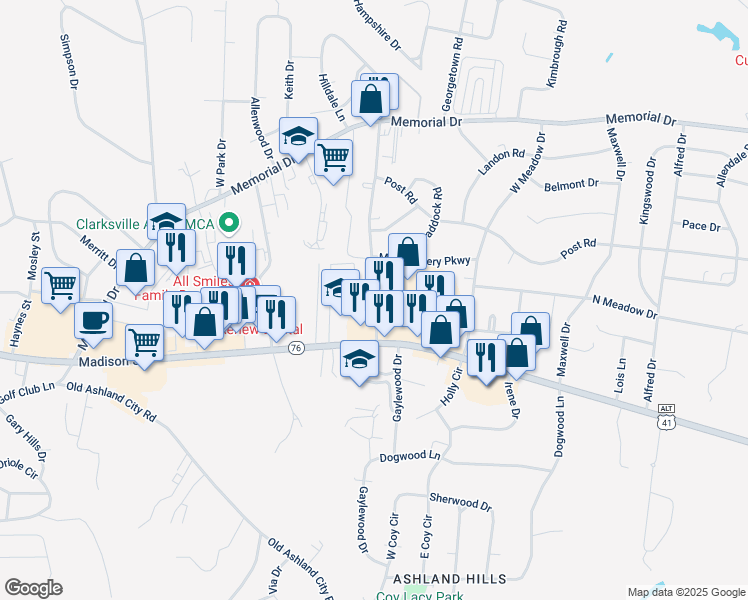 map of restaurants, bars, coffee shops, grocery stores, and more near 114 Clearview Drive in Clarksville