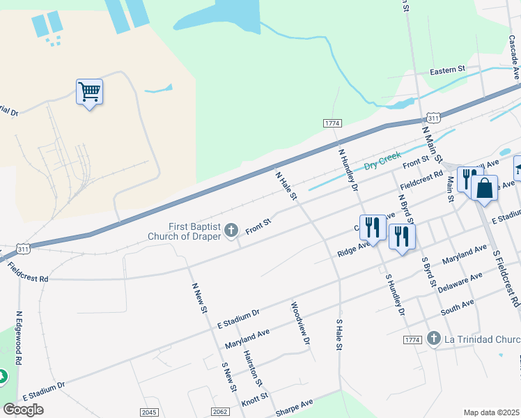 map of restaurants, bars, coffee shops, grocery stores, and more near 1100 Front Street in Eden