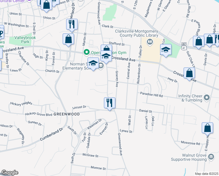 map of restaurants, bars, coffee shops, grocery stores, and more near 821 Greenwood Avenue in Clarksville