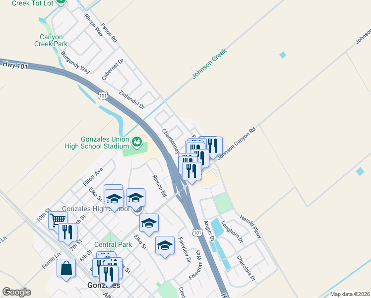 map of restaurants, bars, coffee shops, grocery stores, and more near 506 Chardonnay Drive in Gonzales