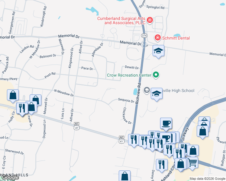 map of restaurants, bars, coffee shops, grocery stores, and more near 145 Indian Hills Drive in Clarksville