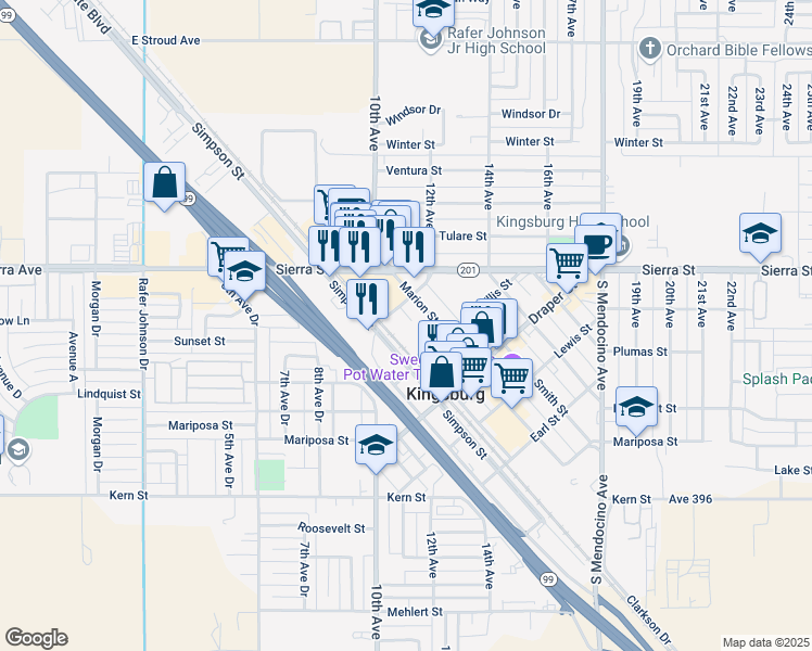 map of restaurants, bars, coffee shops, grocery stores, and more near 1721 Marion Street in Kingsburg
